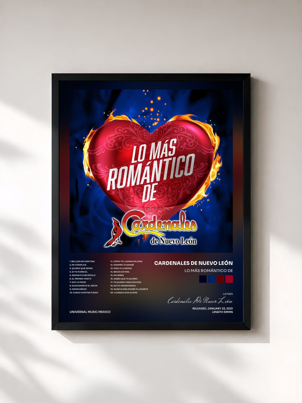 #noir Tableau de l'album Lo Más Romántico De de Cardenales De Nuevo León, cadre noir, imprimé et encadré en France