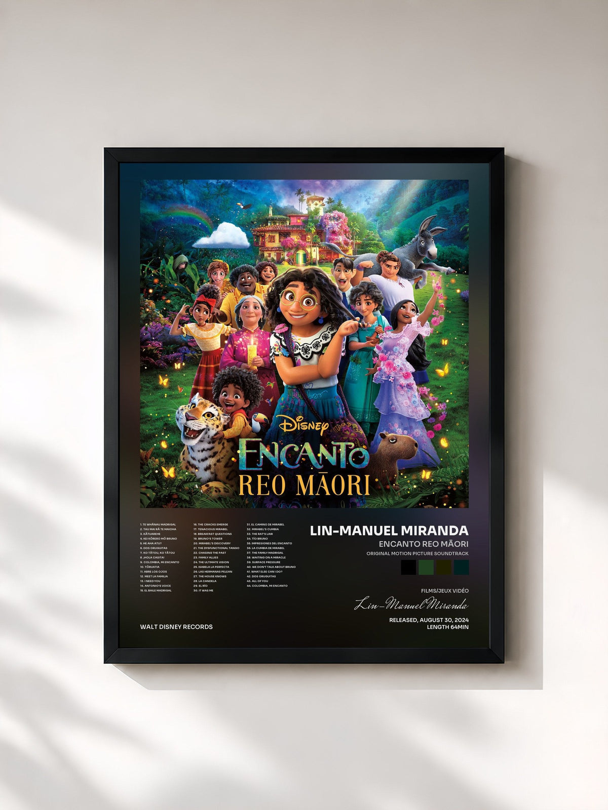 #noir Tableau de l'album Encanto Reo Māori (Original Motion Picture Soundtrack) de Lin-Manuel Miranda, cadre noir, imprimé et encadré en France