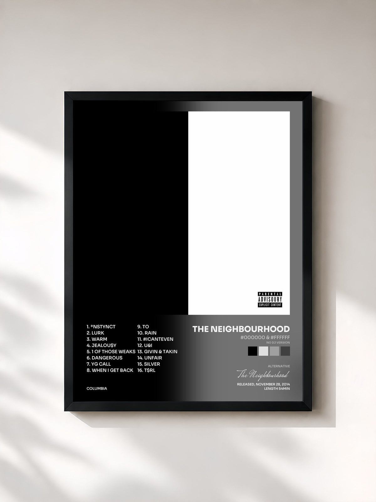 #noir Tableau de l'album #000000 & #FFFFFF (No DJ Version) de The Neighbourhood, cadre noir, imprimé et encadré en France