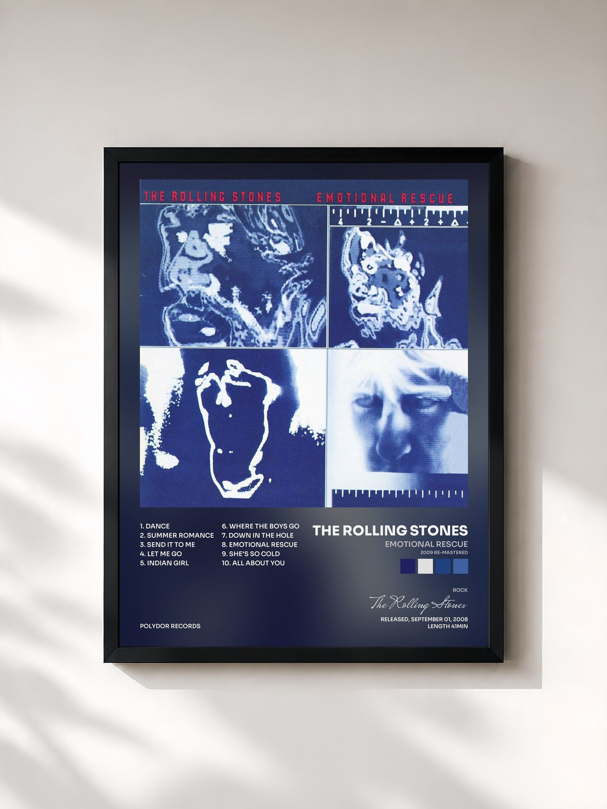 #noir Tableau de l'album Emotional Rescue (2009 Re-Mastered) de The Rolling Stones, cadre noir, imprimé et encadré en France