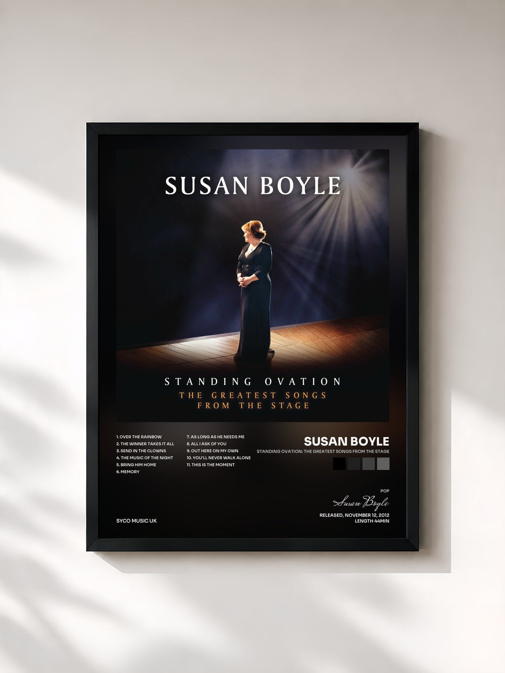 #noir Tableau de l'album Standing Ovation: The Greatest Songs from the Stage de Susan Boyle, cadre noir, imprimé et encadré en France