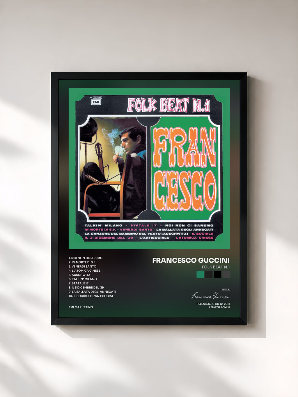 #noir Tableau de l'album Folk Beat N.1 de Francesco Guccini, cadre noir, imprimé et encadré en France