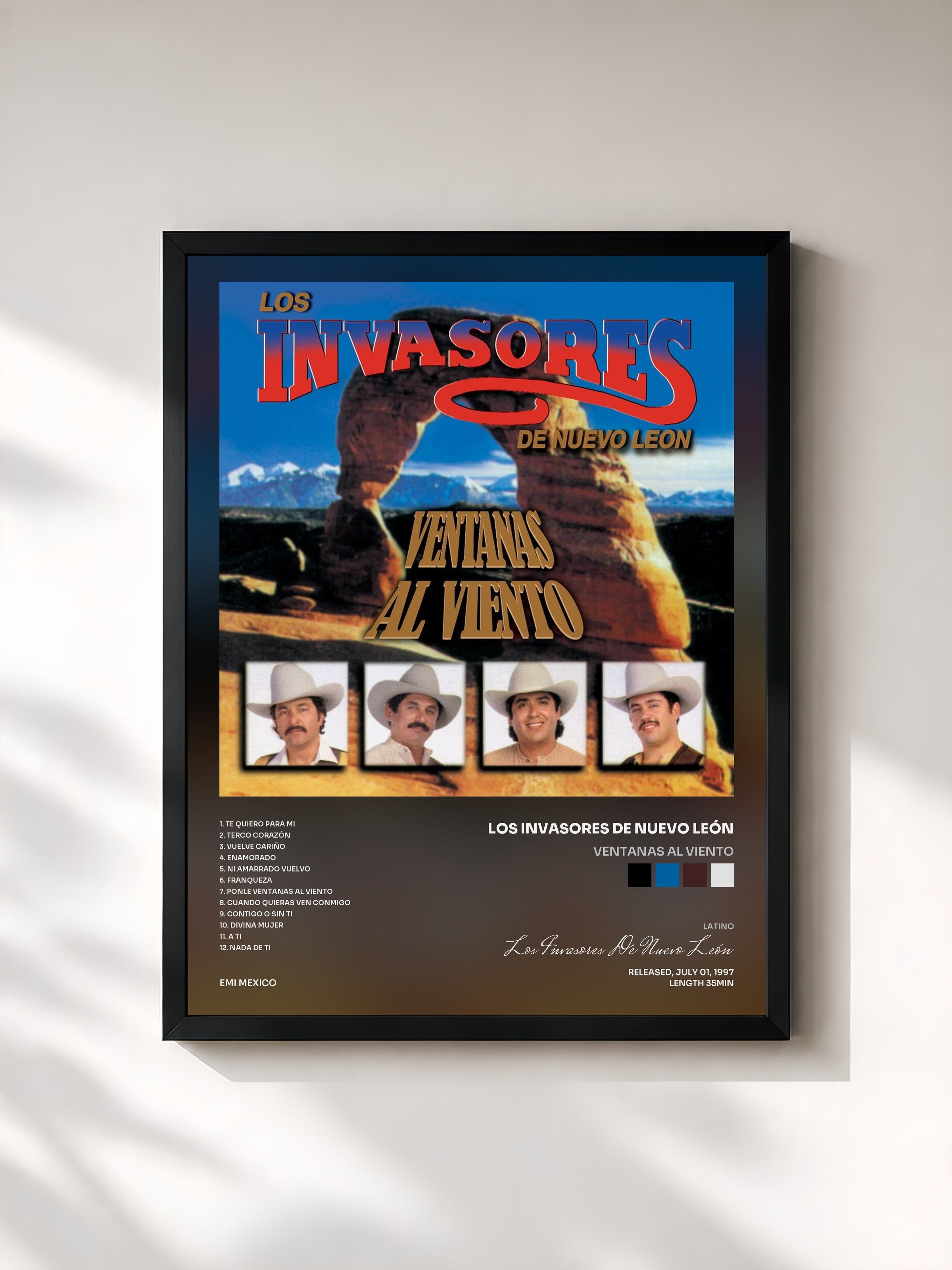 #noir Tableau de l'album Ventanas Al Viento de Los Invasores De Nuevo León, cadre noir, imprimé et encadré en France