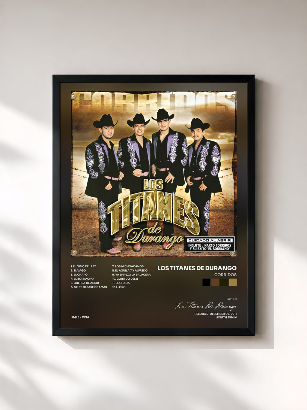 #noir Tableau de l'album Corridos de Los Titanes De Durango, cadre noir, imprimé et encadré en France