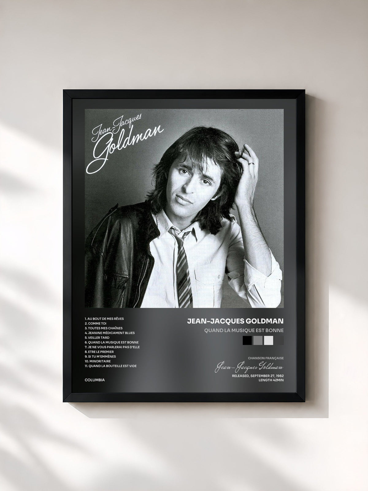 #noir Tableau de l'album Quand la musique est bonne de Jean-Jacques Goldman, cadre noir, imprimé et encadré en France