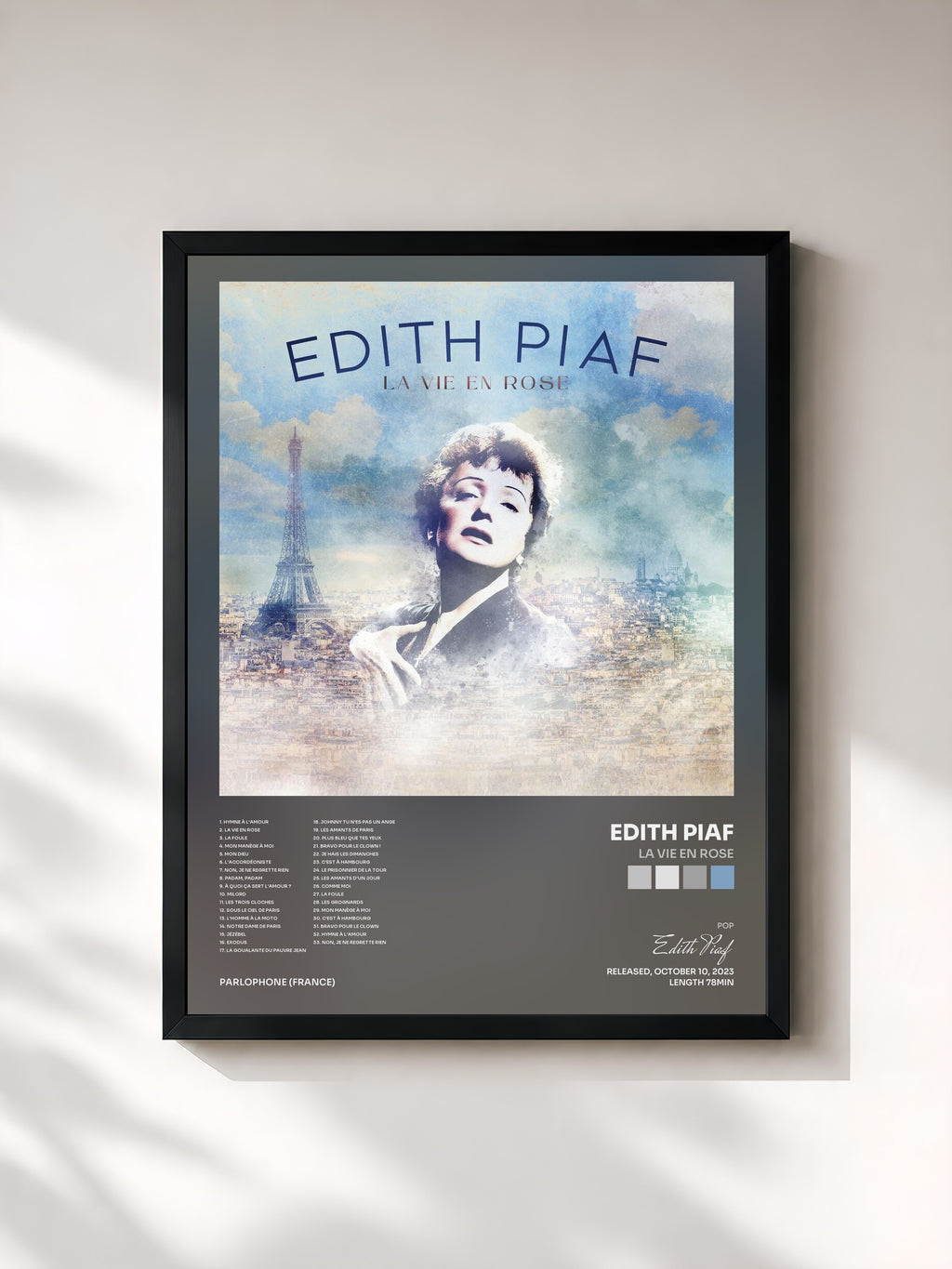 #noir Tableau de l'album La vie en rose de Edith Piaf, cadre noir, imprimé et encadré en France