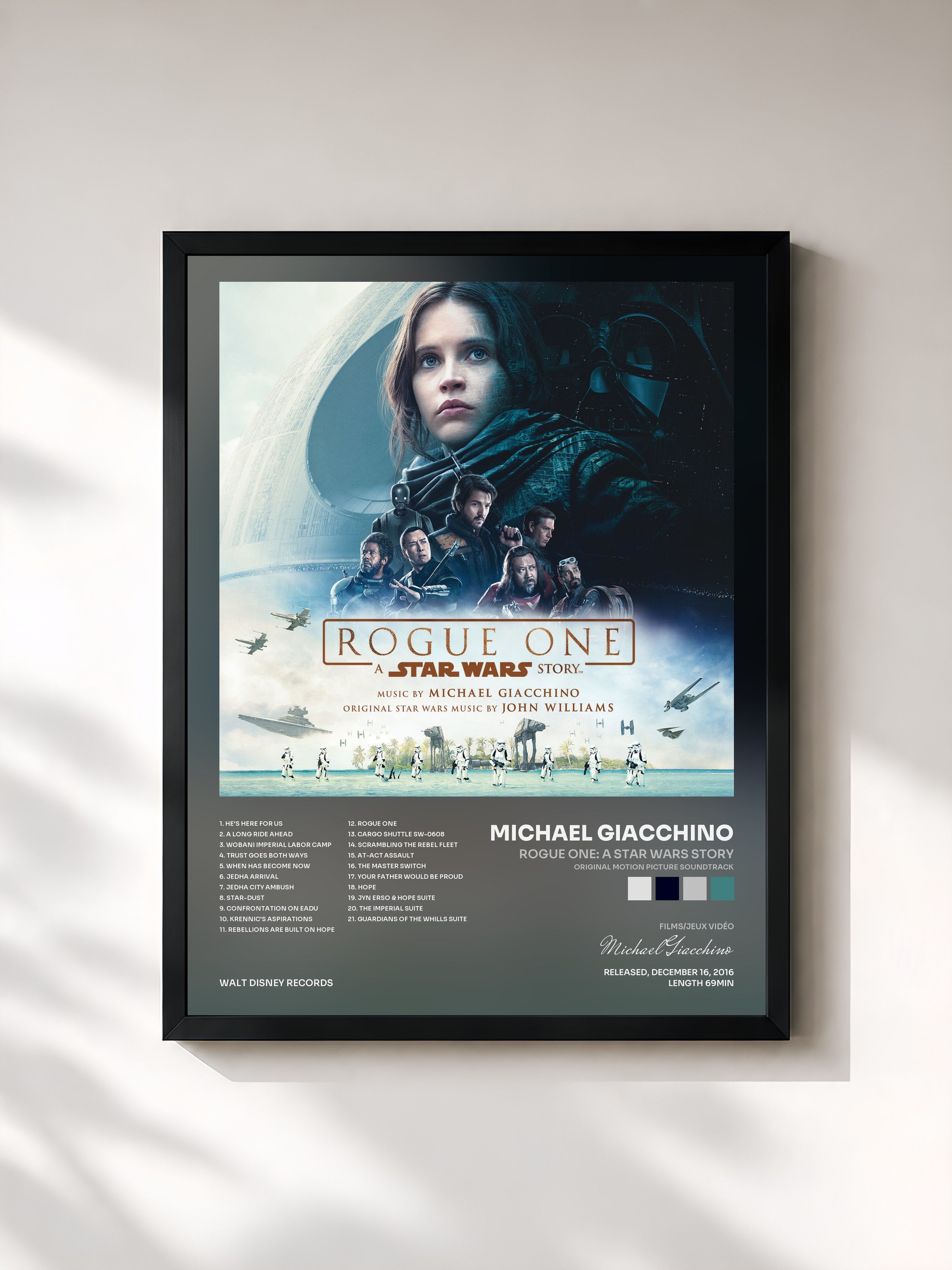 #noir Tableau de l'album Rogue One: A Star Wars Story (Original Motion Picture Soundtrack) de Michael Giacchino, cadre noir, imprimé et encadré en France
