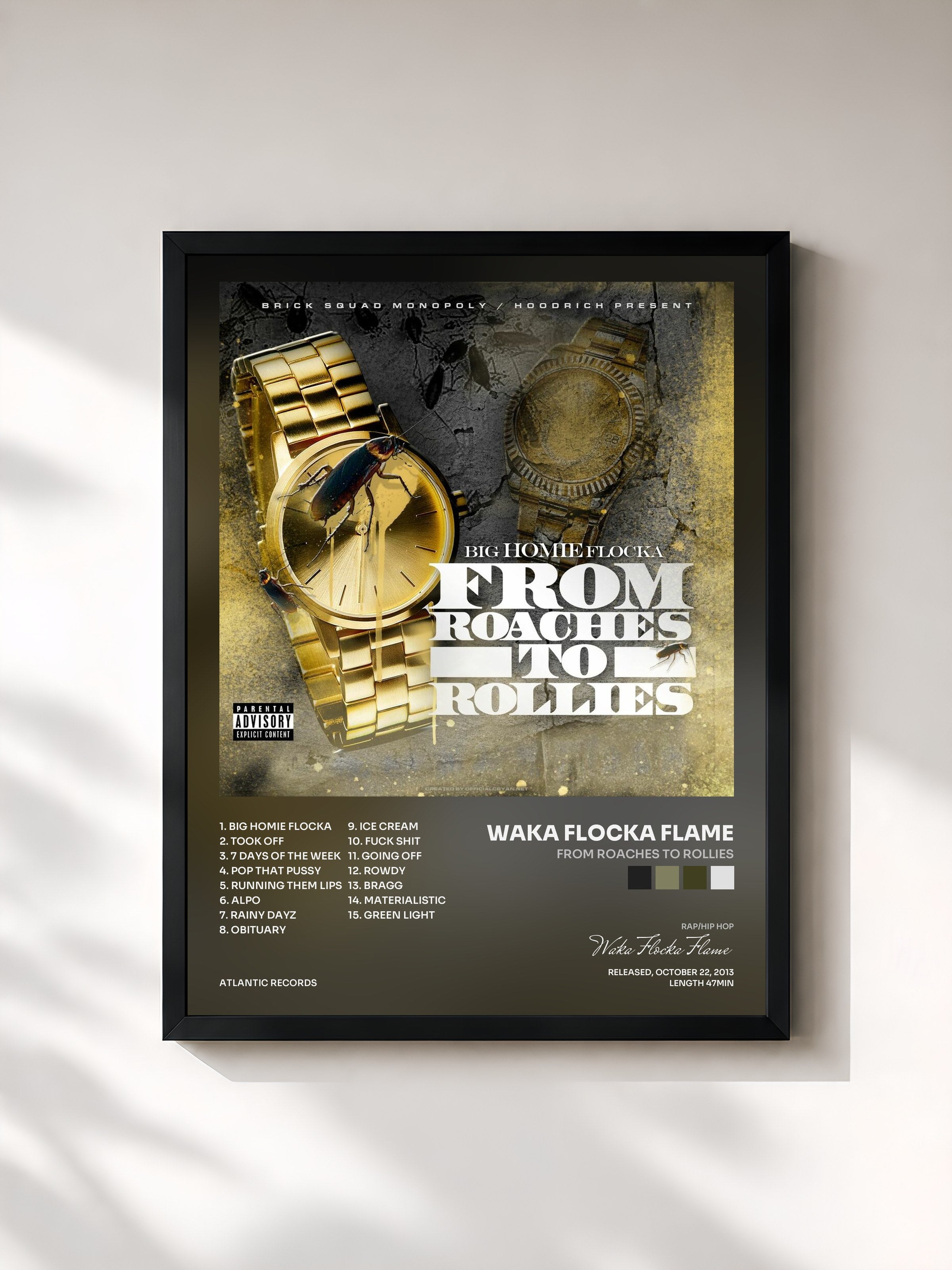 #noir Tableau de l'album From Roaches to Rollies de Waka Flocka Flame, cadre noir, imprimé et encadré en France