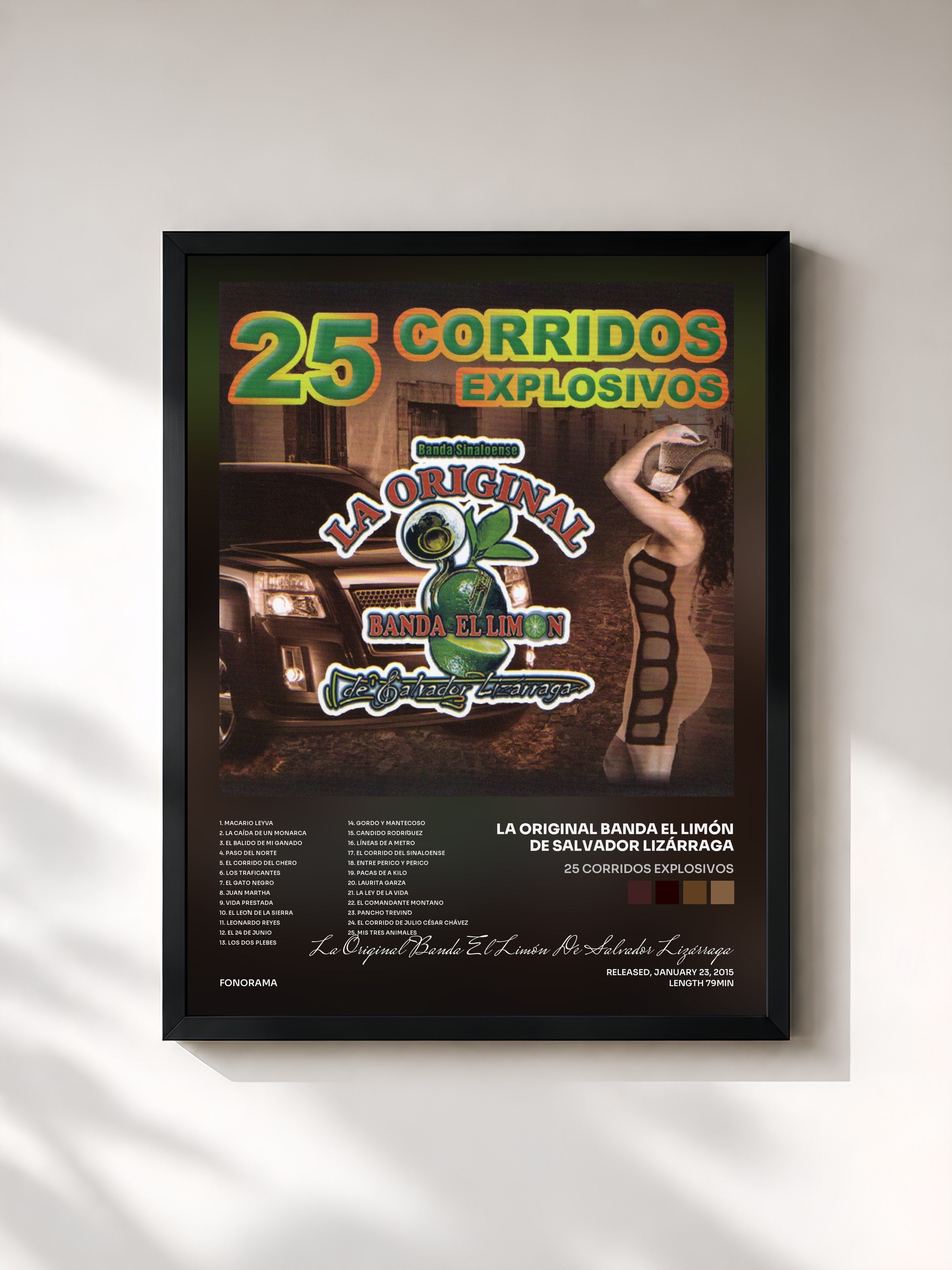 #noir Tableau de l'album 25 Corridos Explosivos de La Original Banda El Limón De Salvador Lizárraga, cadre noir, imprimé et encadré en France