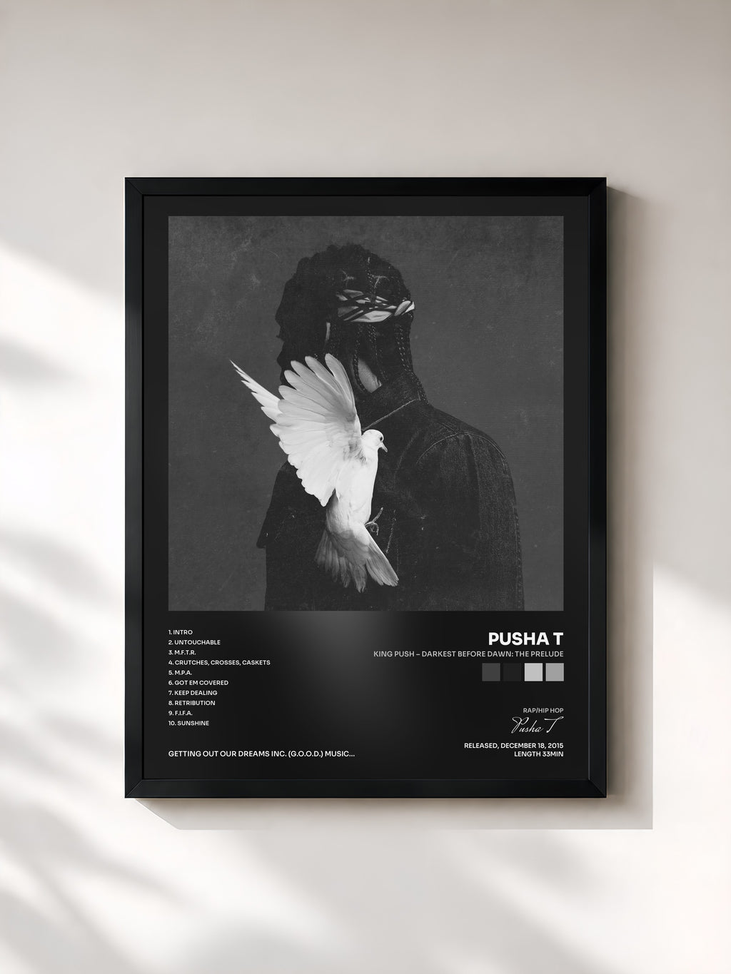 #noir Tableau de l'album King Push – Darkest Before Dawn: The Prelude de Pusha T, cadre noir, imprimé et encadré en France