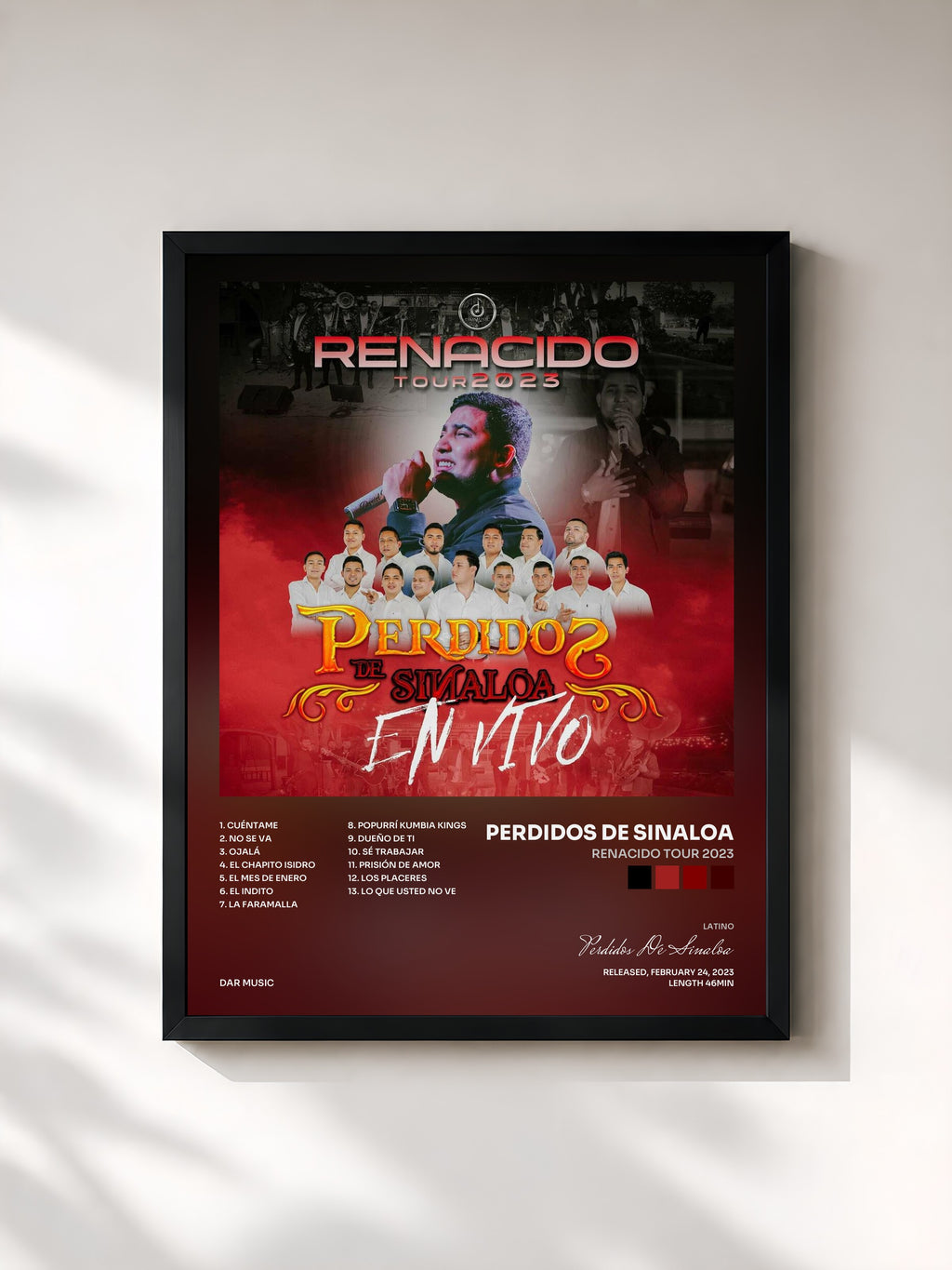 #noir Tableau de l'album Renacido Tour 2023 de Perdidos De Sinaloa, cadre noir, imprimé et encadré en France