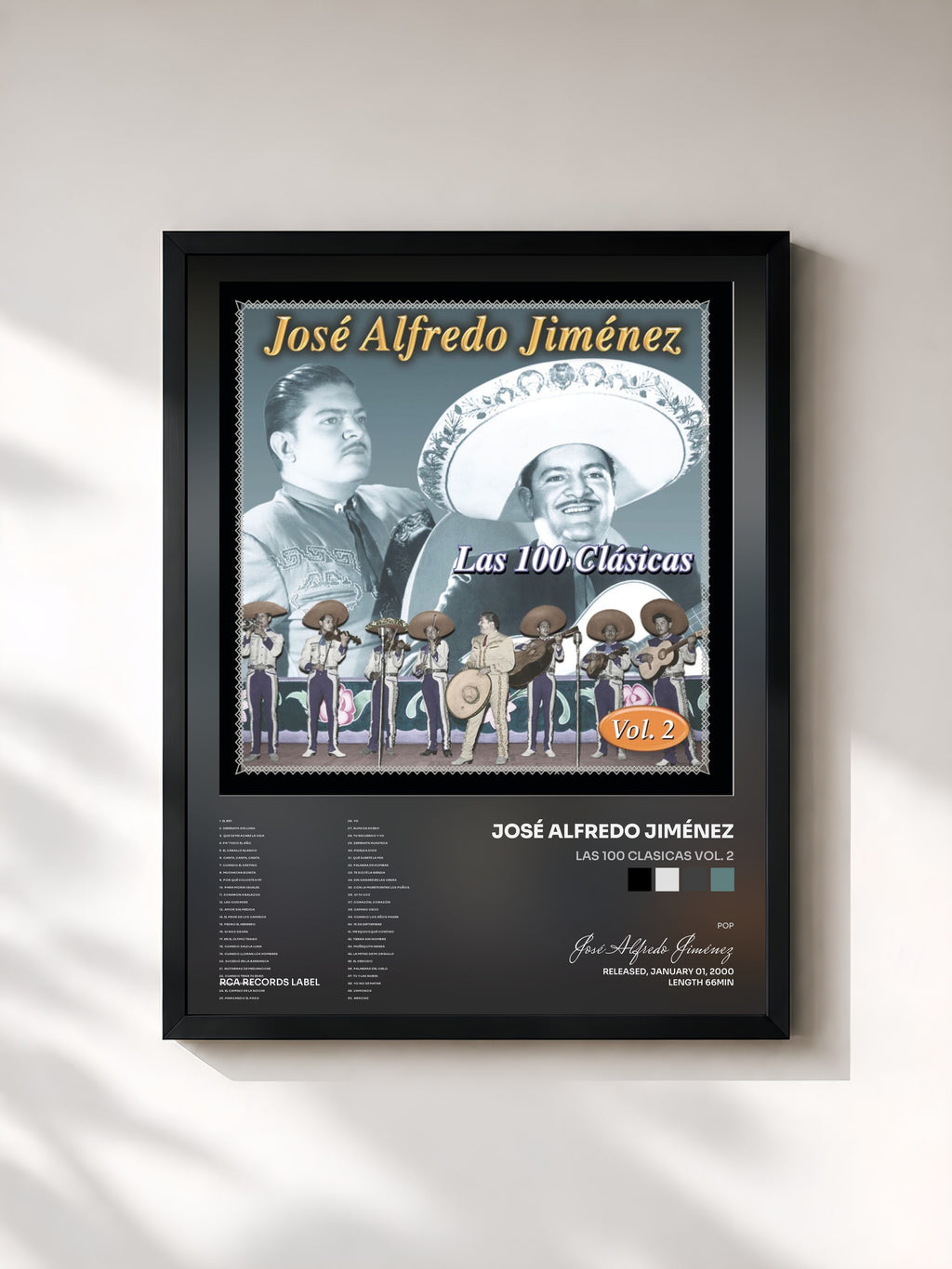 #noir Tableau de l'album Las 100 Clasicas Vol. 2 de José Alfredo Jiménez, cadre noir, imprimé et encadré en France