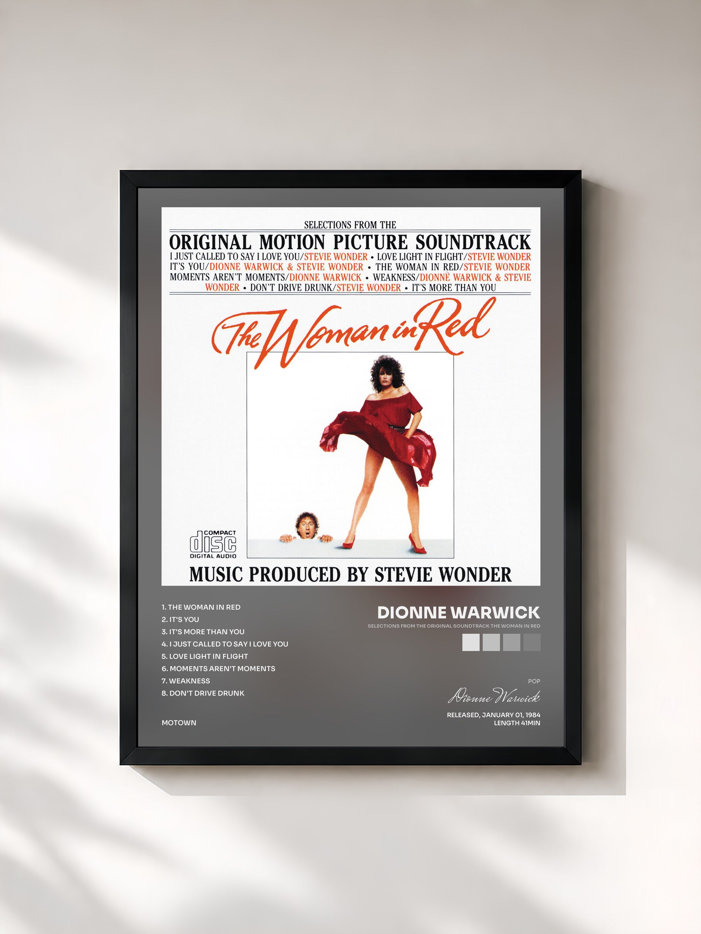 #noir Tableau de l'album Selections From The Original Soundtrack The Woman In Red de Dionne Warwick, cadre noir, imprimé et encadré en France