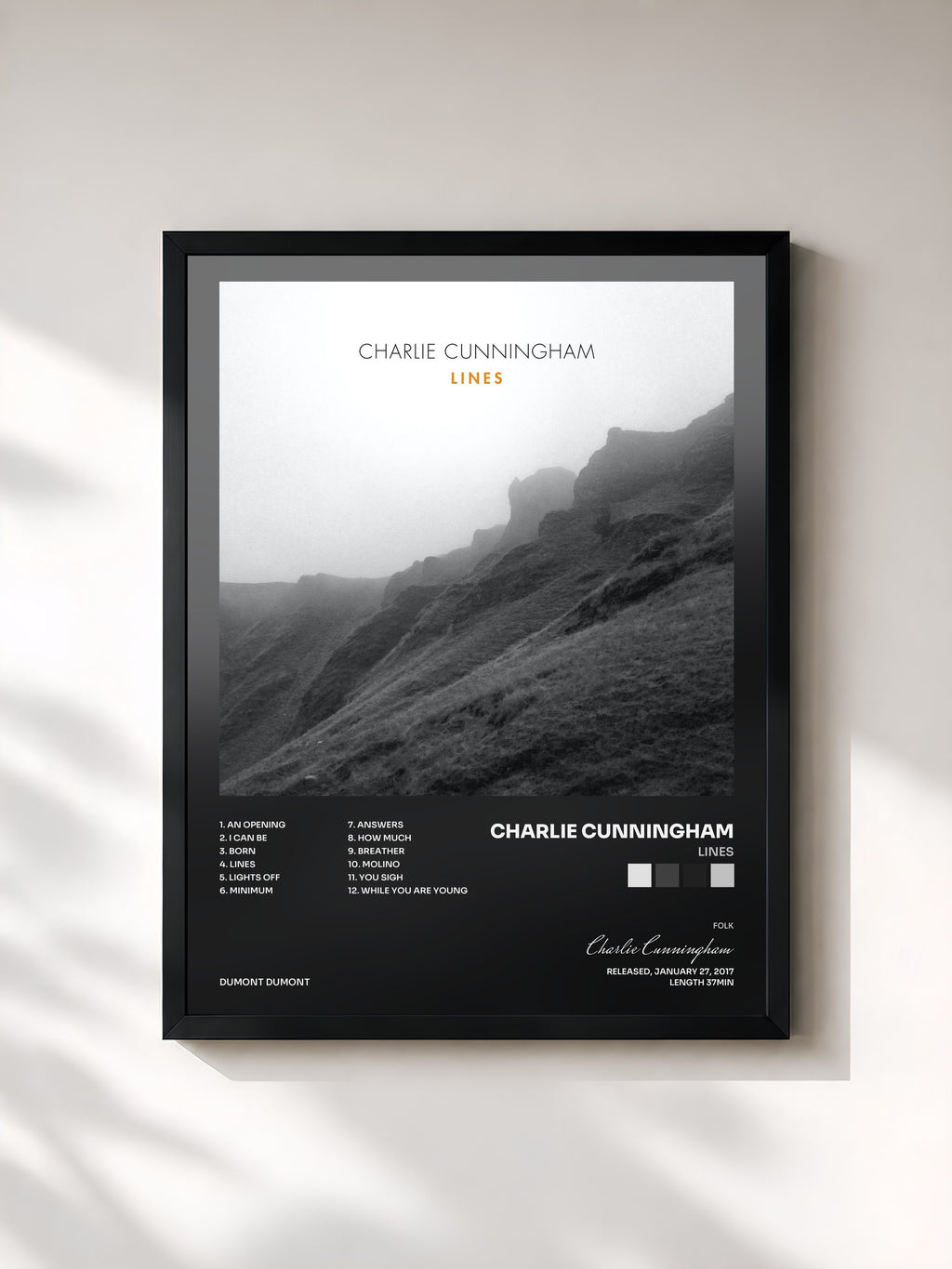 #noir Tableau de l'album Lines de Charlie Cunningham, cadre noir, imprimé et encadré en France