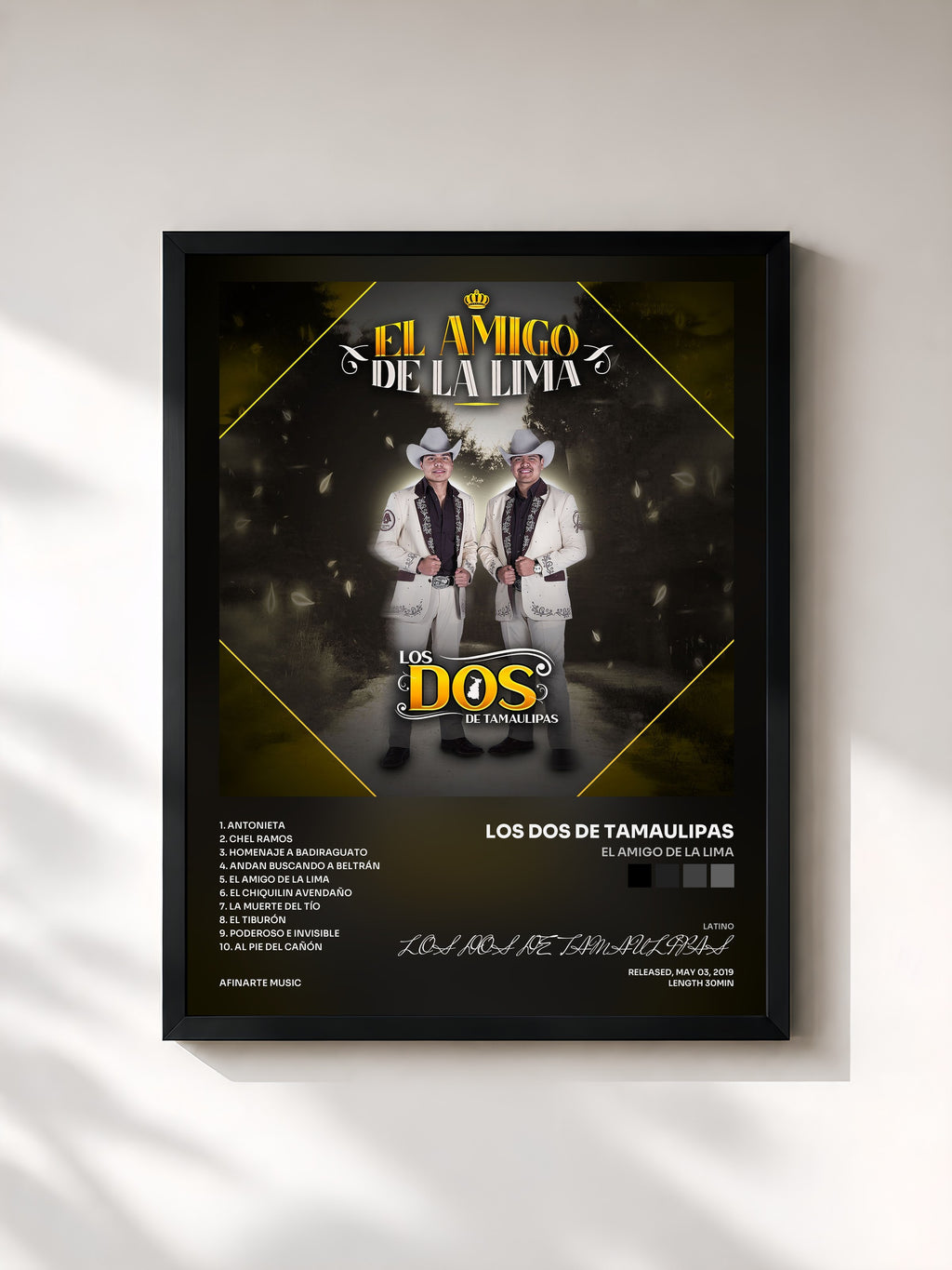 #noir Tableau de l'album El Amigo de la Lima de LOS DOS DE TAMAULIPAS, cadre noir, imprimé et encadré en France
