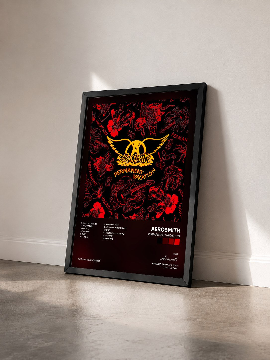 #noir Tableau de l'album Permanent Vacation de Aerosmith vu de trois quarts, cadre noir