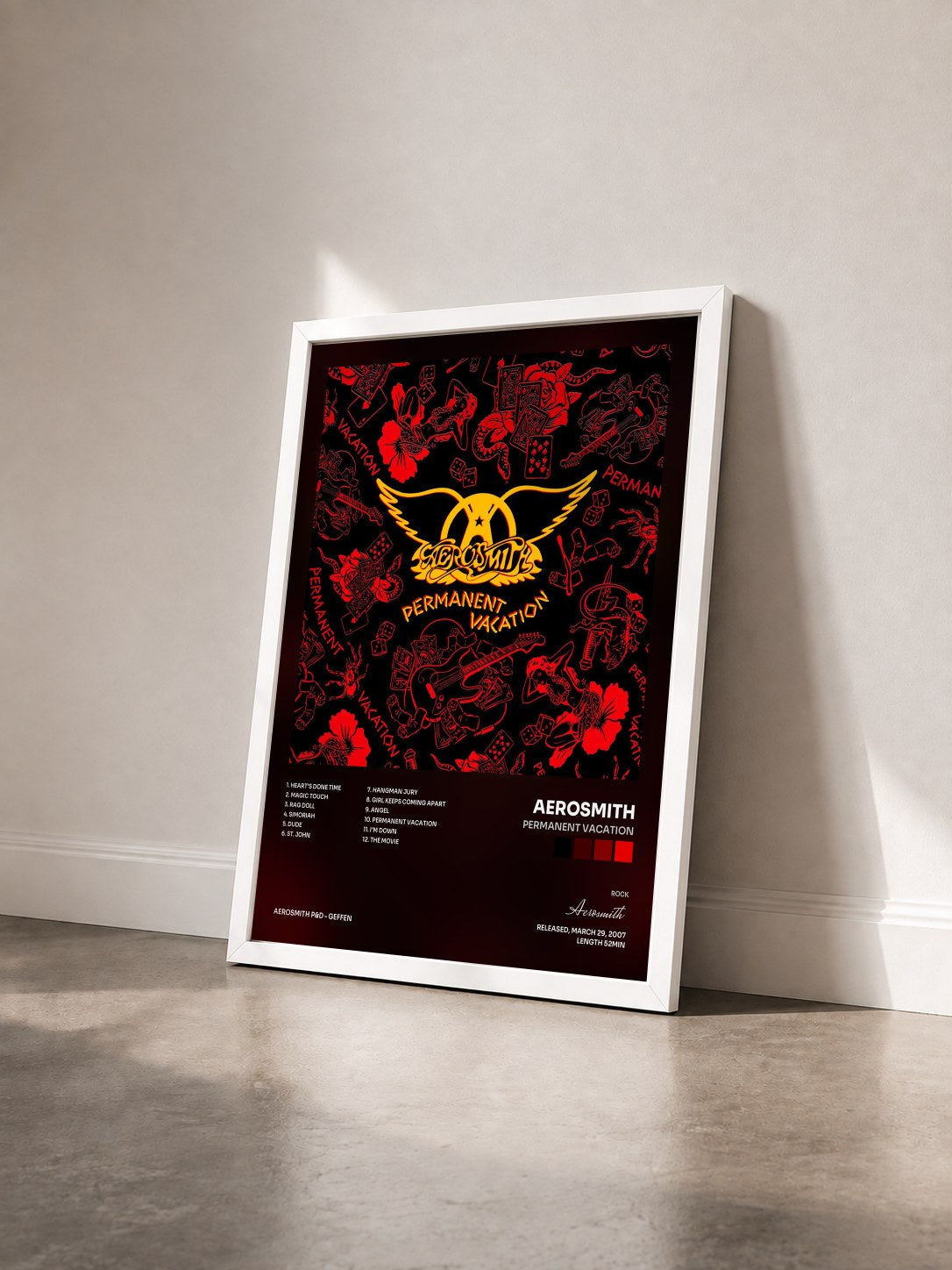 #blanc Tableau de l'album Permanent Vacation de Aerosmith vu de trois quarts, cadre blanc