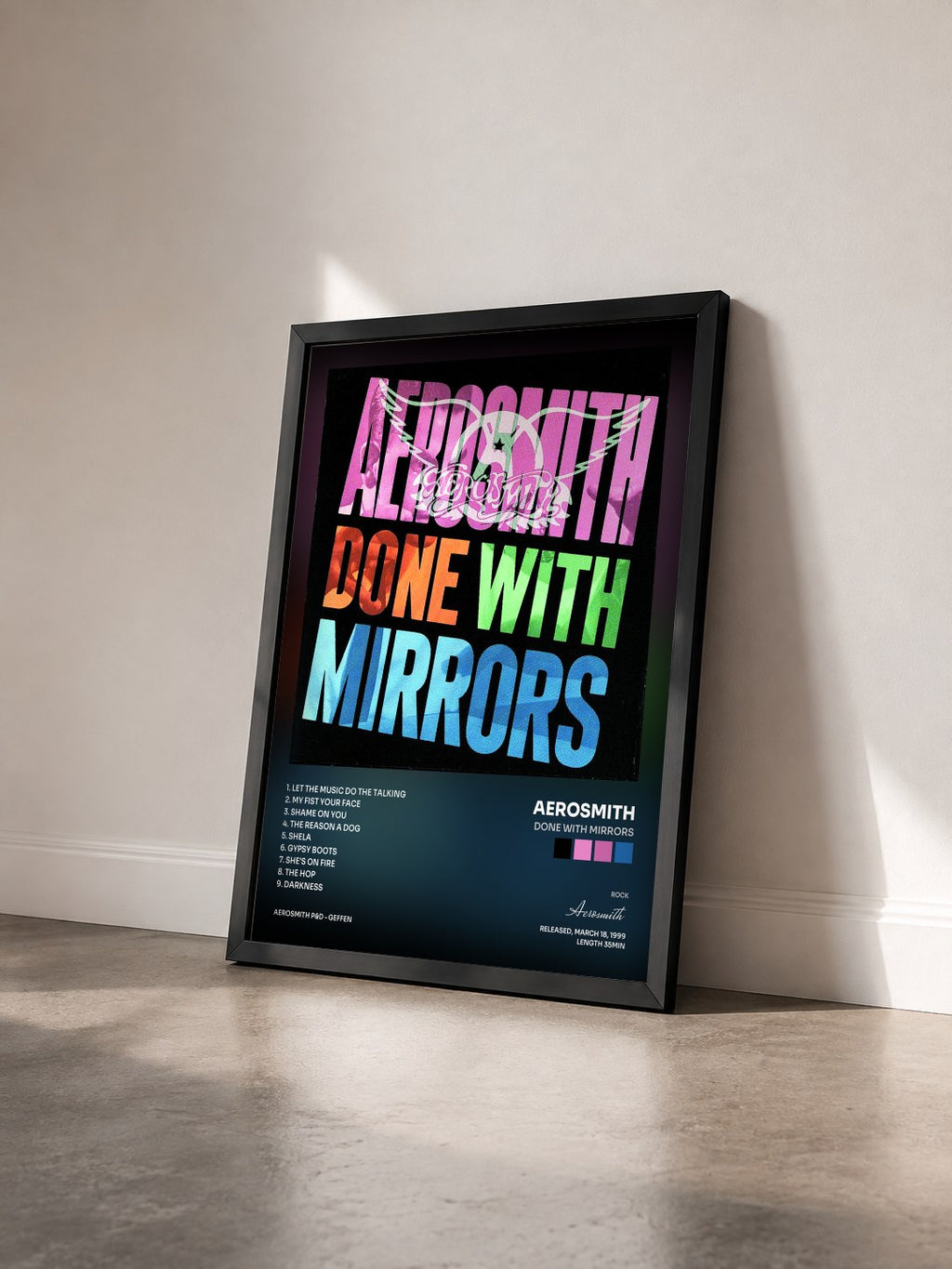 #noir Tableau de l'album Done With Mirrors de Aerosmith vu de trois quarts, cadre noir