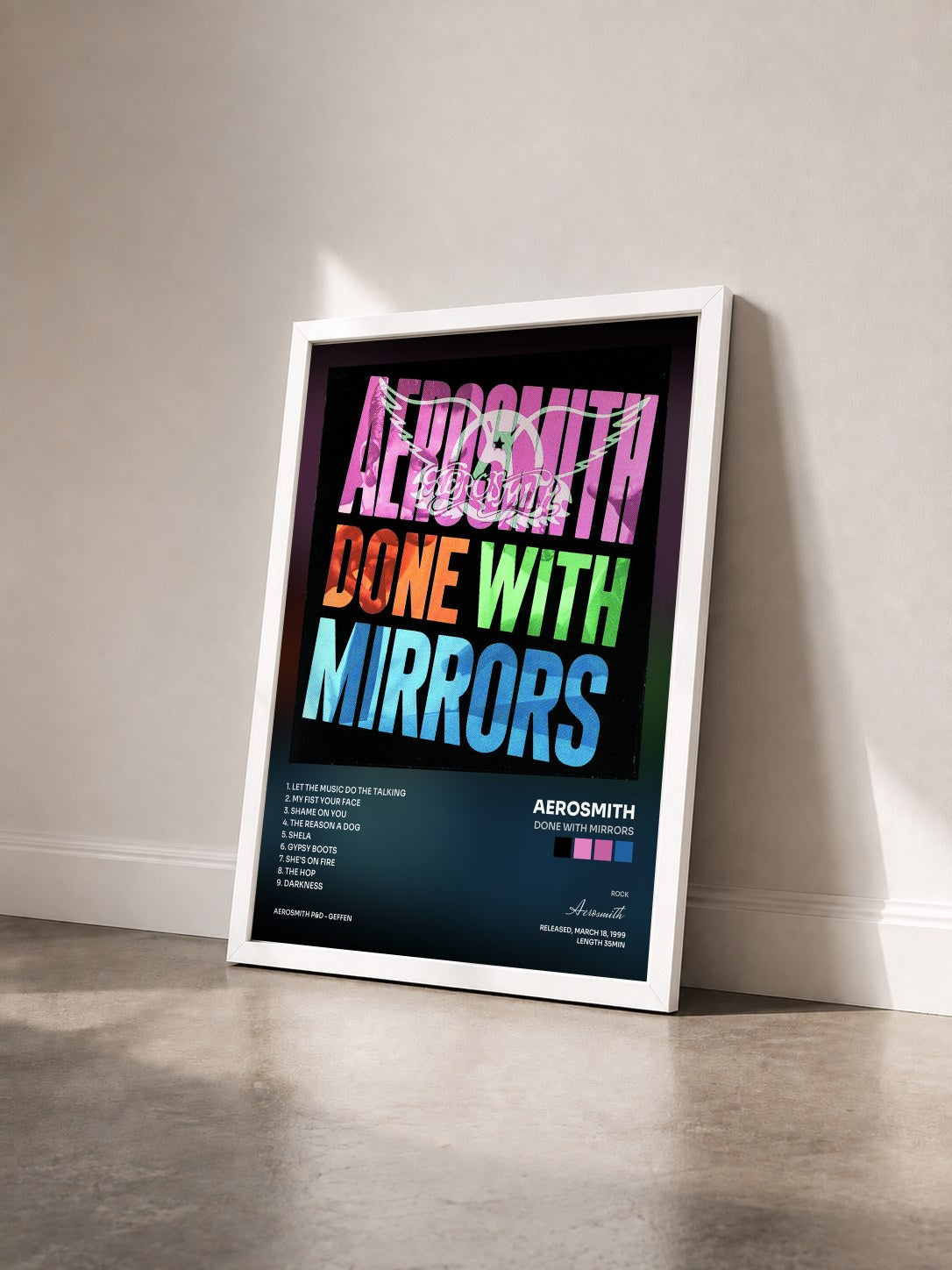 #blanc Tableau de l'album Done With Mirrors de Aerosmith vu de trois quarts, cadre blanc