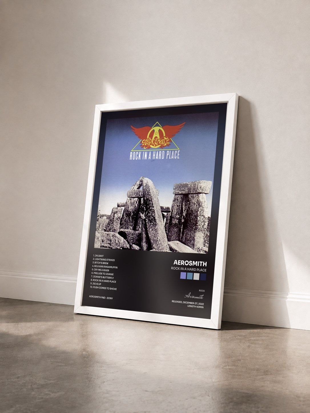 #blanc Tableau de l'album Rock In A Hard Place de Aerosmith vu de trois quarts, cadre blanc