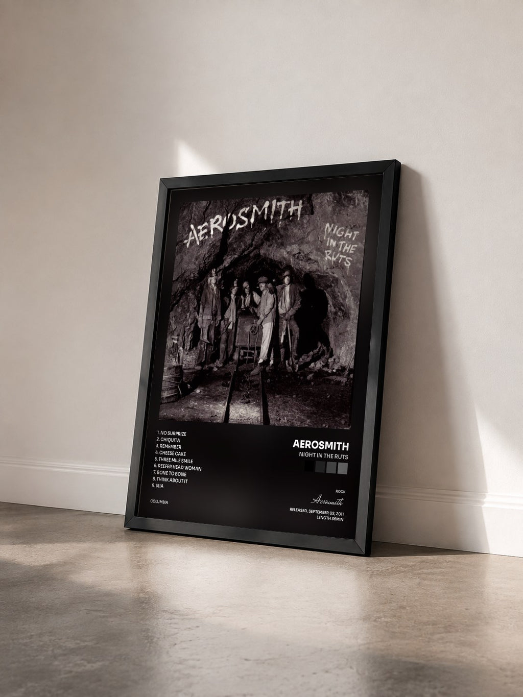 #noir Night In The Ruts di Aerosmith in stampa incorniciata vista di tre quarti, cornice nera