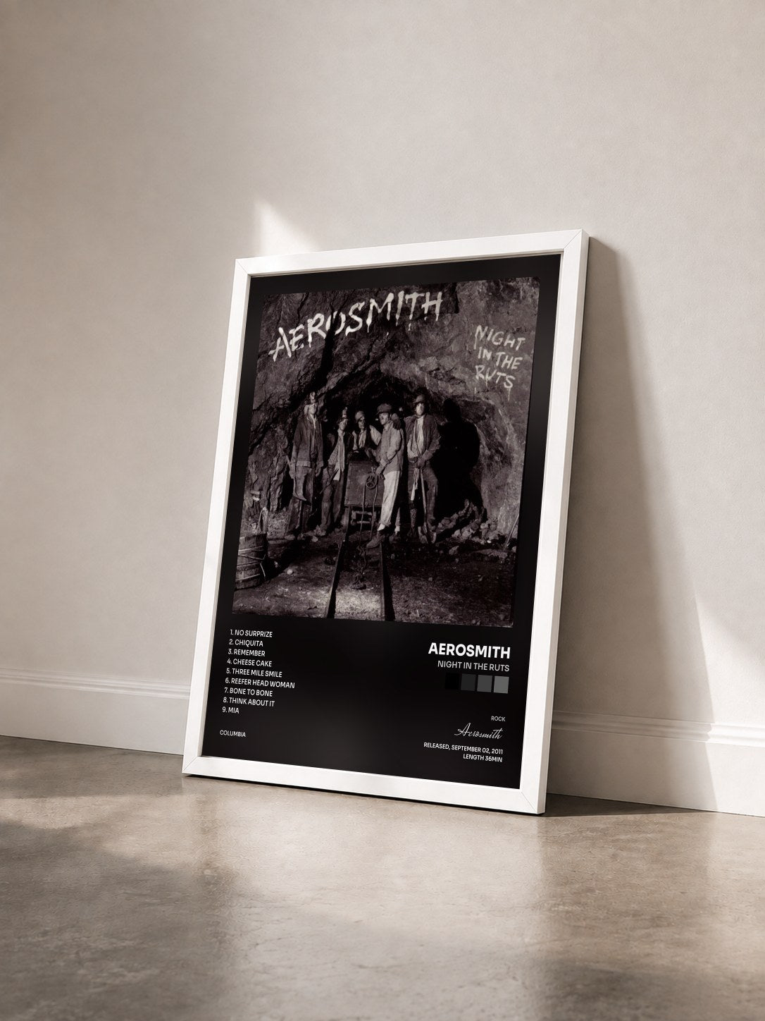 #blanc Tableau de l'album Night In The Ruts de Aerosmith vu de trois quarts, cadre blanc