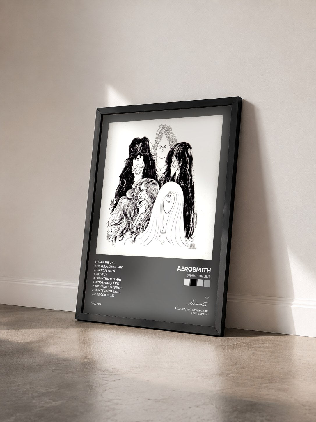 #noir Tableau de l'album Draw The Line de Aerosmith vu de trois quarts, cadre noir