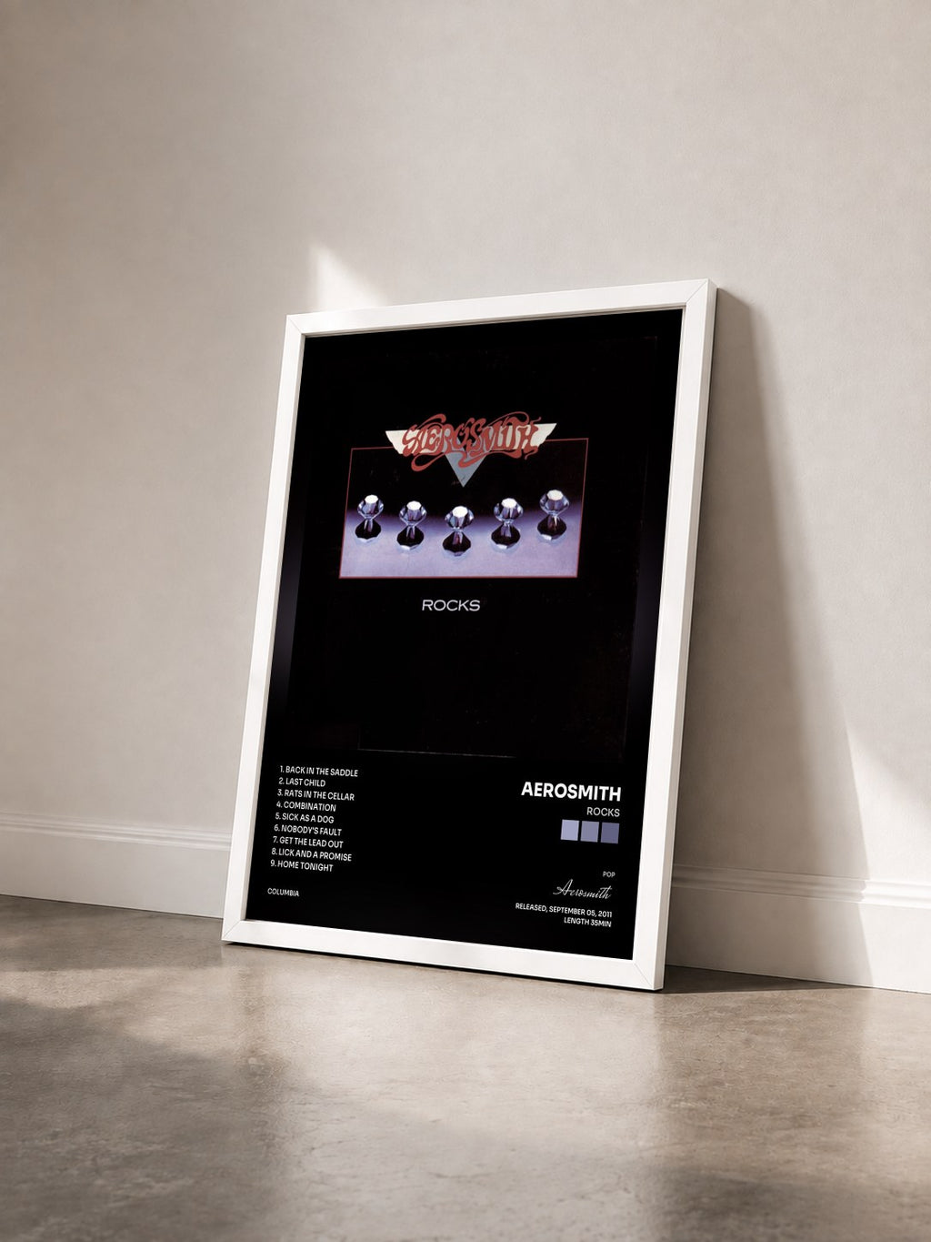 #blanc Tableau de l'album Rocks de Aerosmith vu de trois quarts, cadre blanc