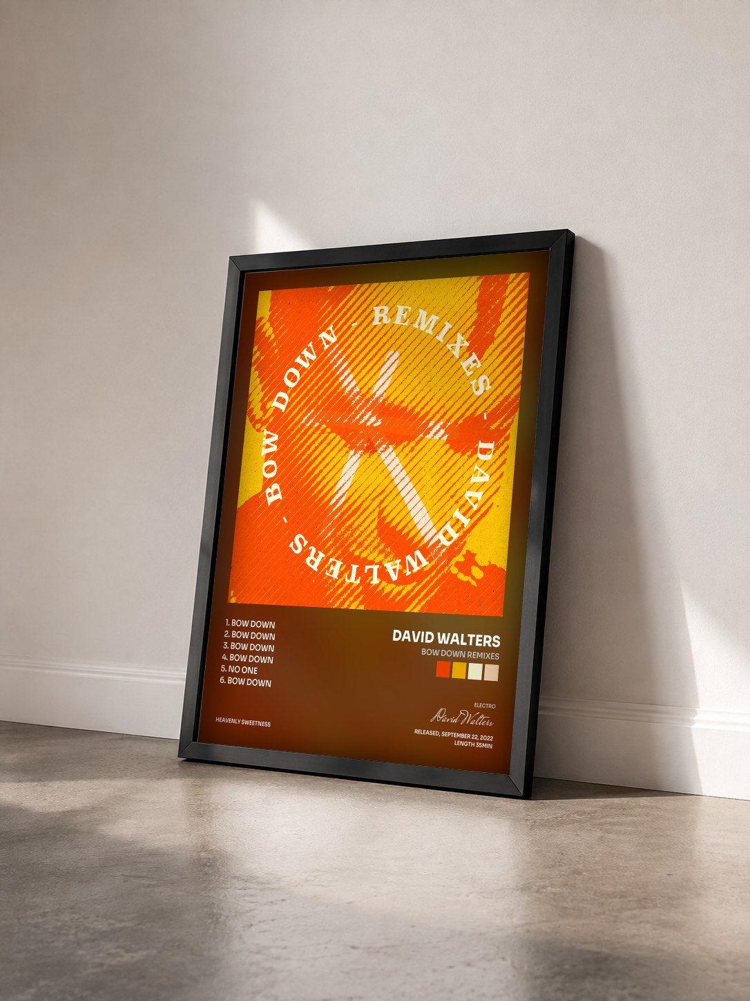 #noir Bow Down Remixes by David Walters as a framed art print seen at an angle, black frame