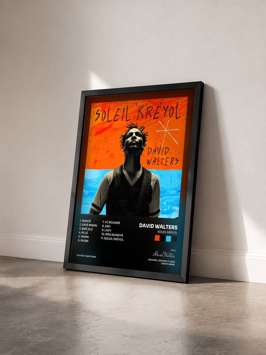 #noir Tableau de l'album Soleil Kréyol de David Walters vu de trois quarts, cadre noir
