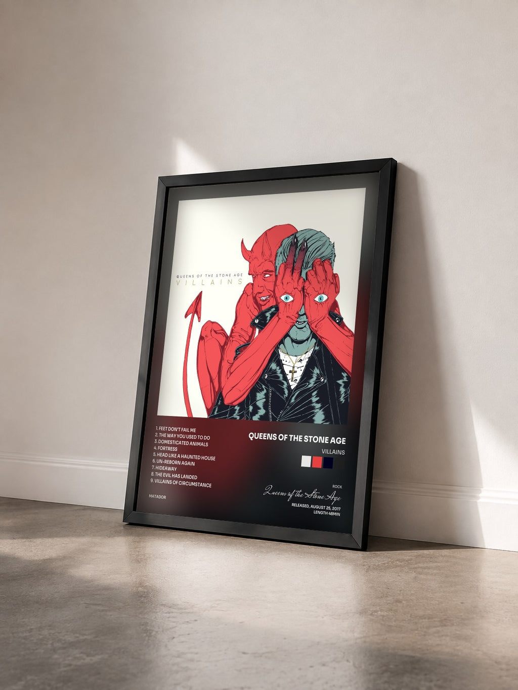 #noir Villains di Queens of the Stone Age in stampa incorniciata vista di tre quarti, cornice nera