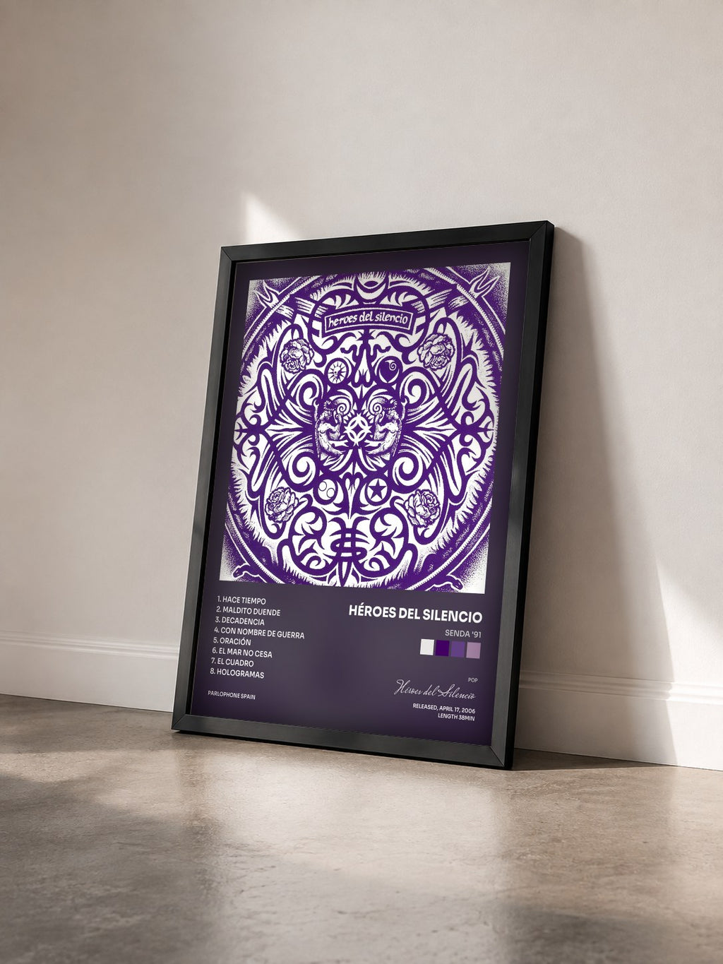 #noir Tableau de l'album Senda '91 de Héroes del Silencio vu de trois quarts, cadre noir