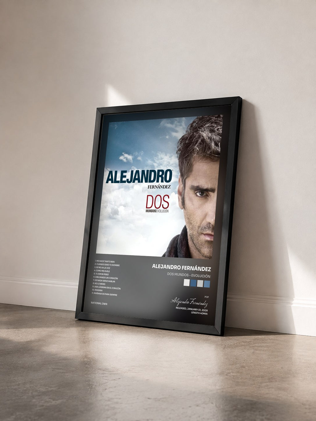 #noir Tableau de l'album Dos Mundos - Evolución de Alejandro Fernández vu de trois quarts, cadre noir