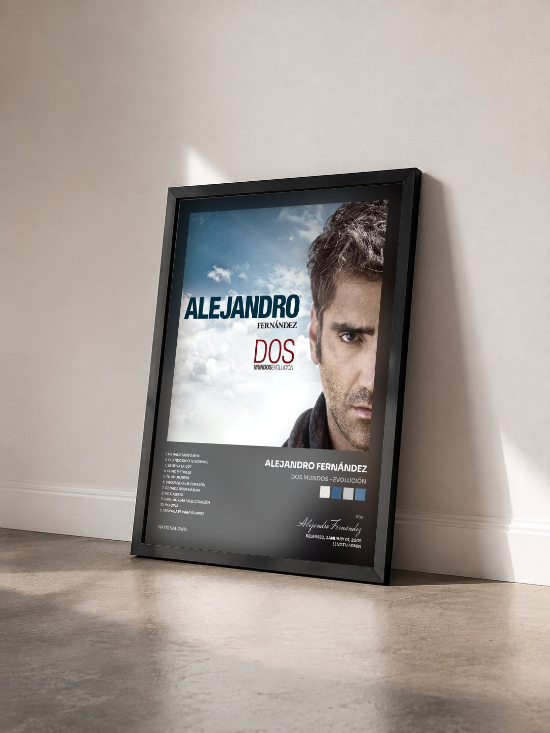 #noir Tableau de l'album Dos Mundos - Evolución de Alejandro Fernández vu de trois quarts, cadre noir