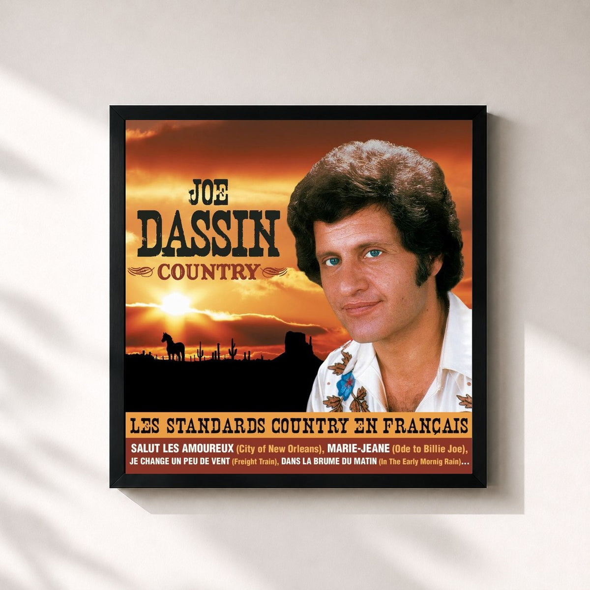 #noir Tableau carré de l'album Country de Joe Dassin, cadre noir 32x32 cm