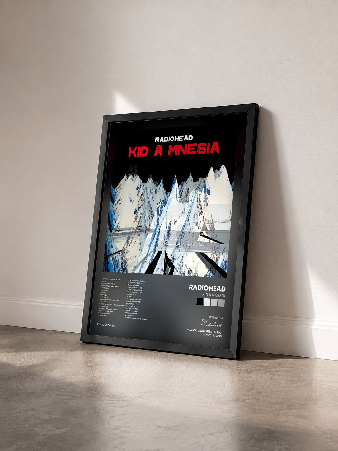 #noir Tableau de l'album KID A MNESIA de Radiohead vu de trois quarts, cadre noir