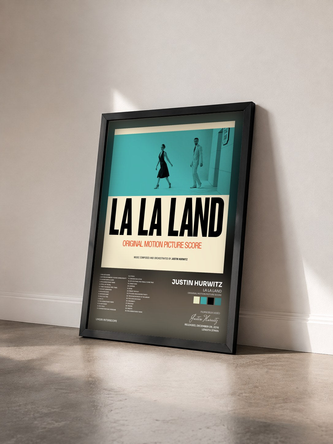 #noir La La Land (Original Motion Picture Score) di Justin Hurwitz in stampa incorniciata vista di tre quarti, cornice nera