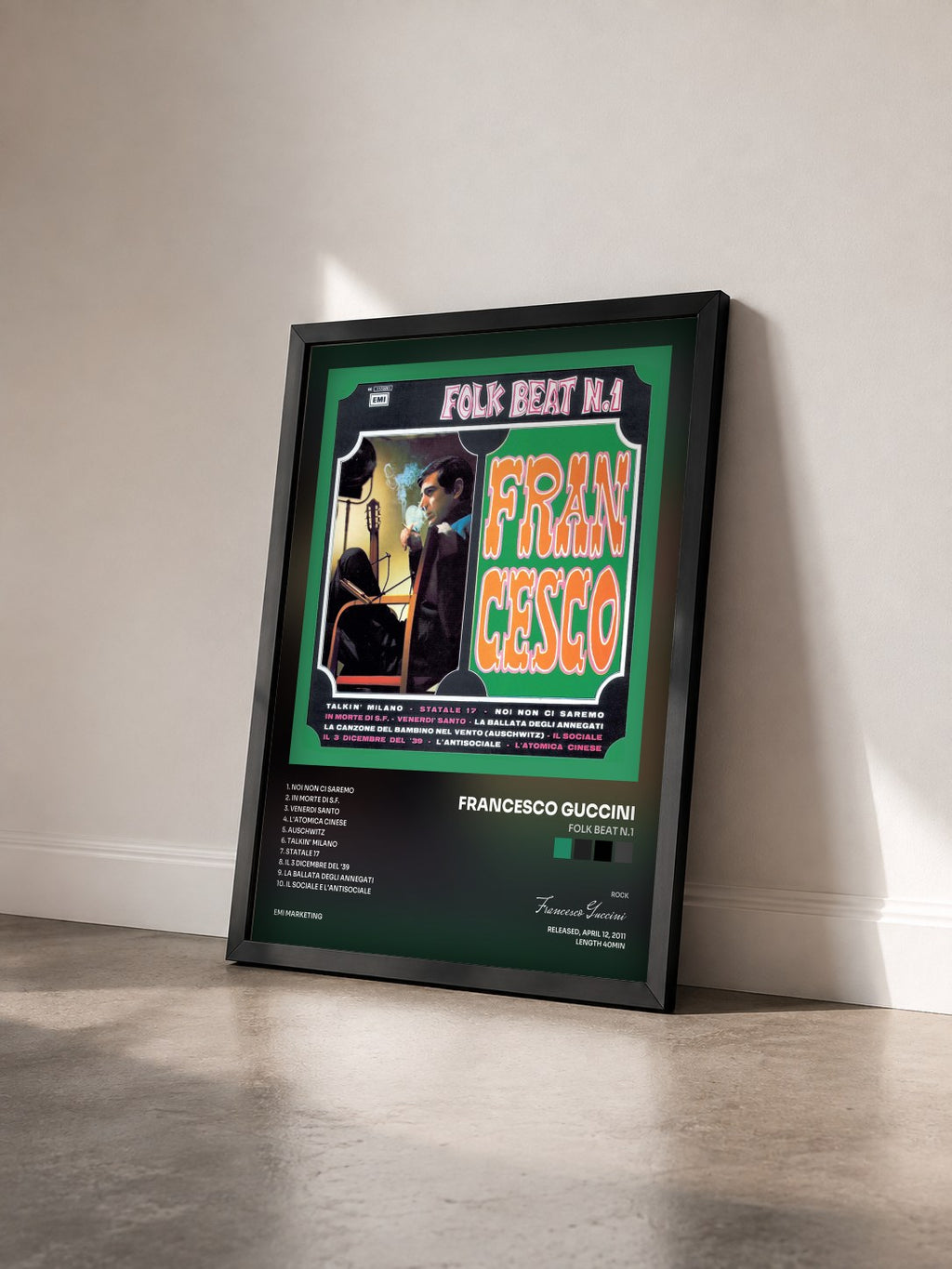 #noir Tableau de l'album Folk Beat N.1 de Francesco Guccini vu de trois quarts, cadre noir