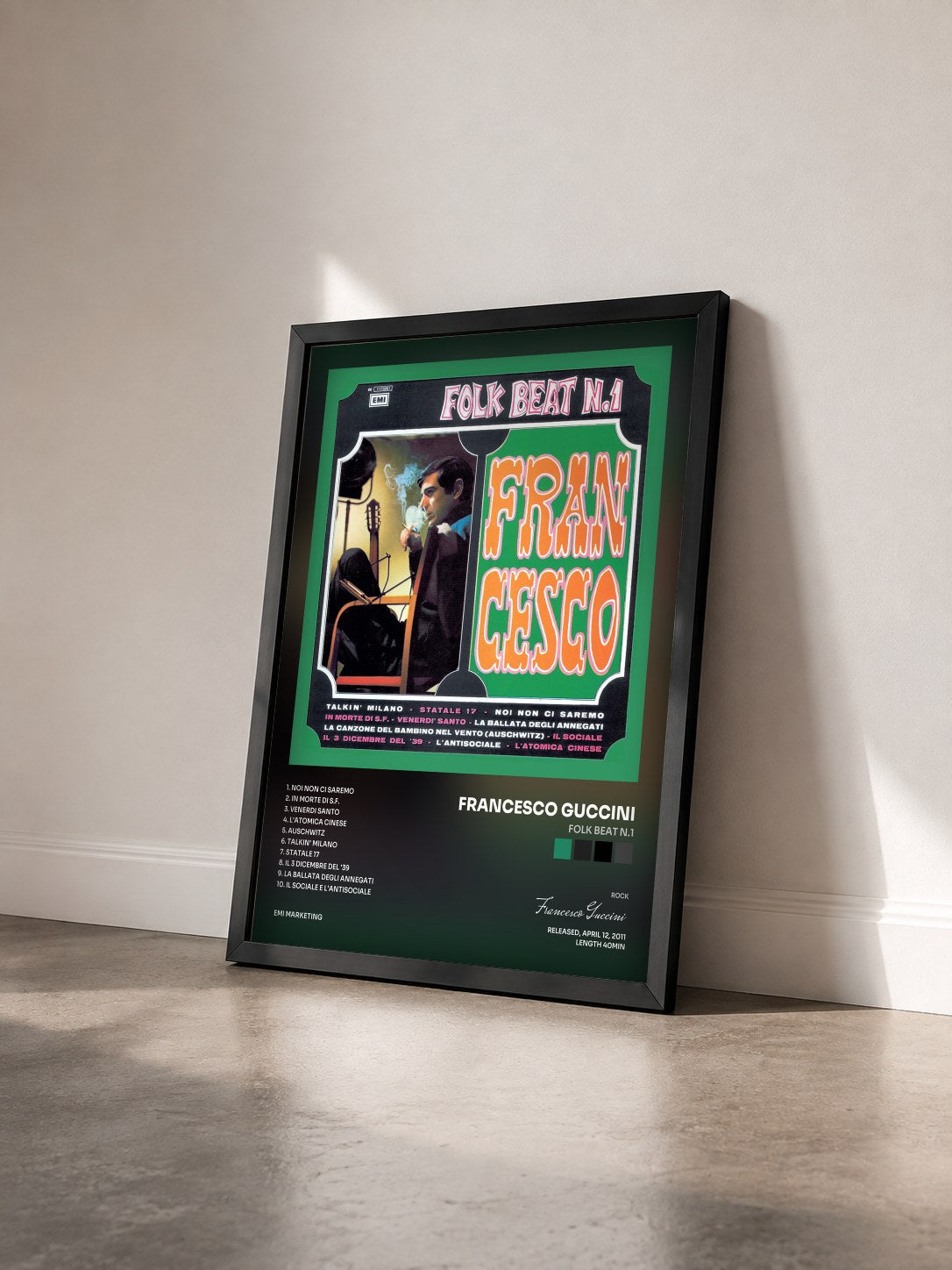 #noir Tableau de l'album Folk Beat N.1 de Francesco Guccini vu de trois quarts, cadre noir