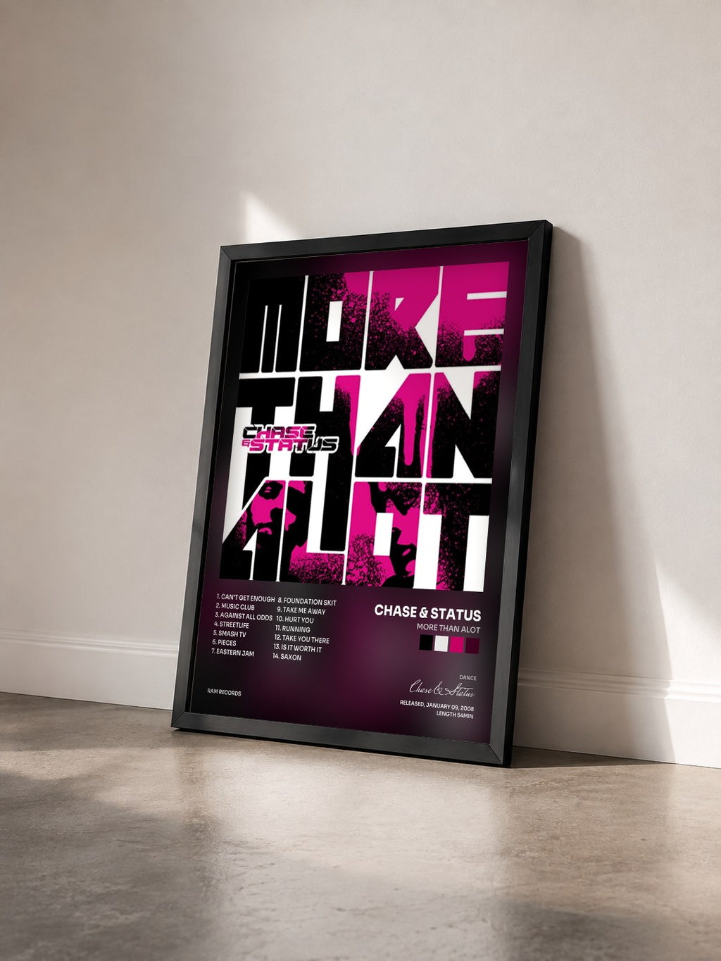 #noir More Than Alot by Chase & Status as a framed art print seen at an angle, black frame