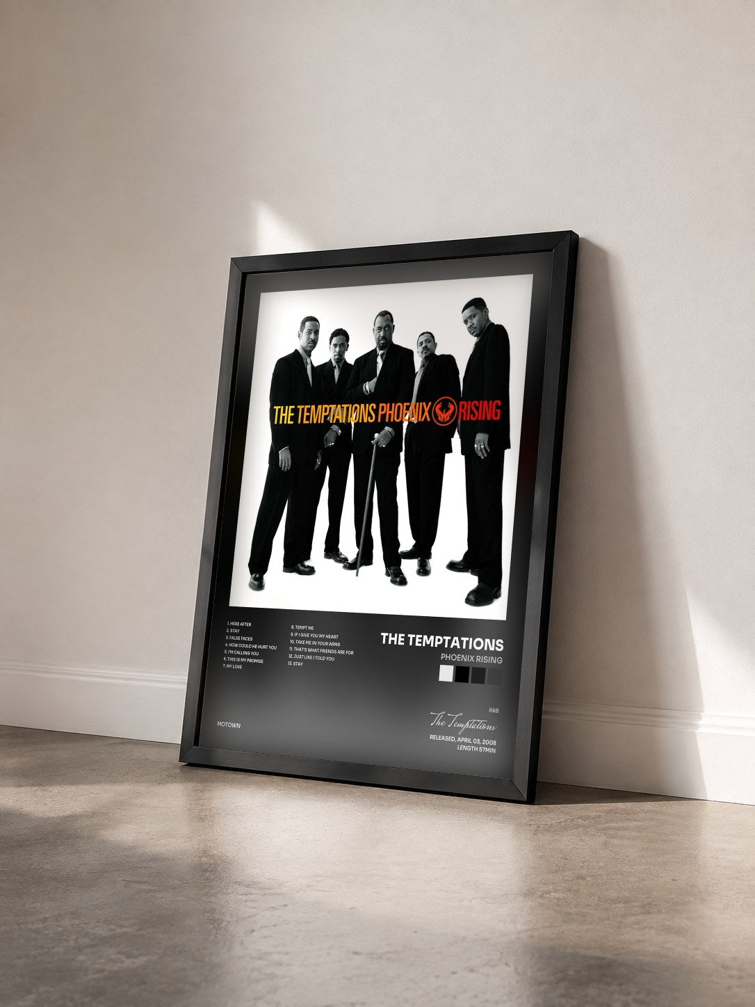 #noir Phoenix Rising de The Temptations en lámina enmarcada vista de tres cuartos, marco negro