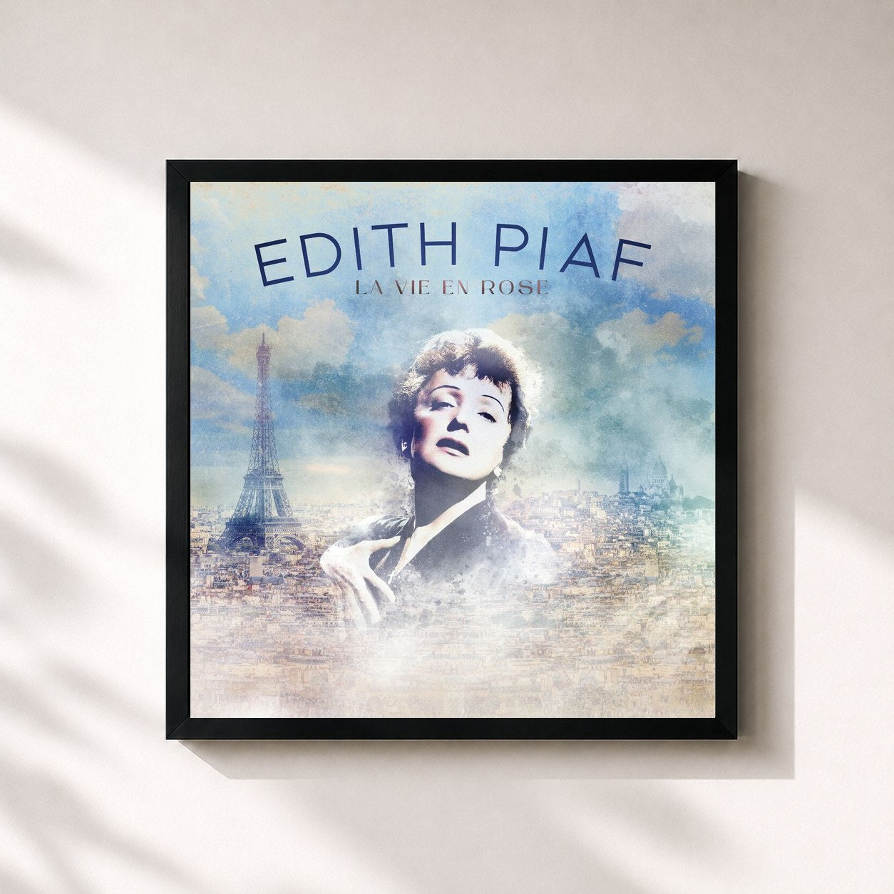 #noir Tableau carré de l'album La vie en rose de Edith Piaf, cadre noir 32x32 cm