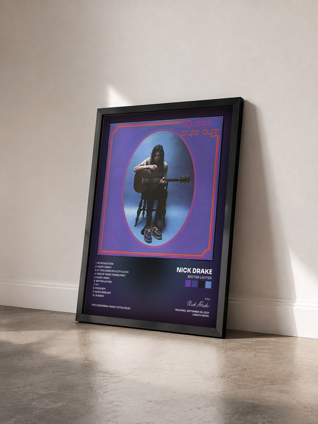 #noir Tableau de l'album Bryter Layter de Nick Drake vu de trois quarts, cadre noir