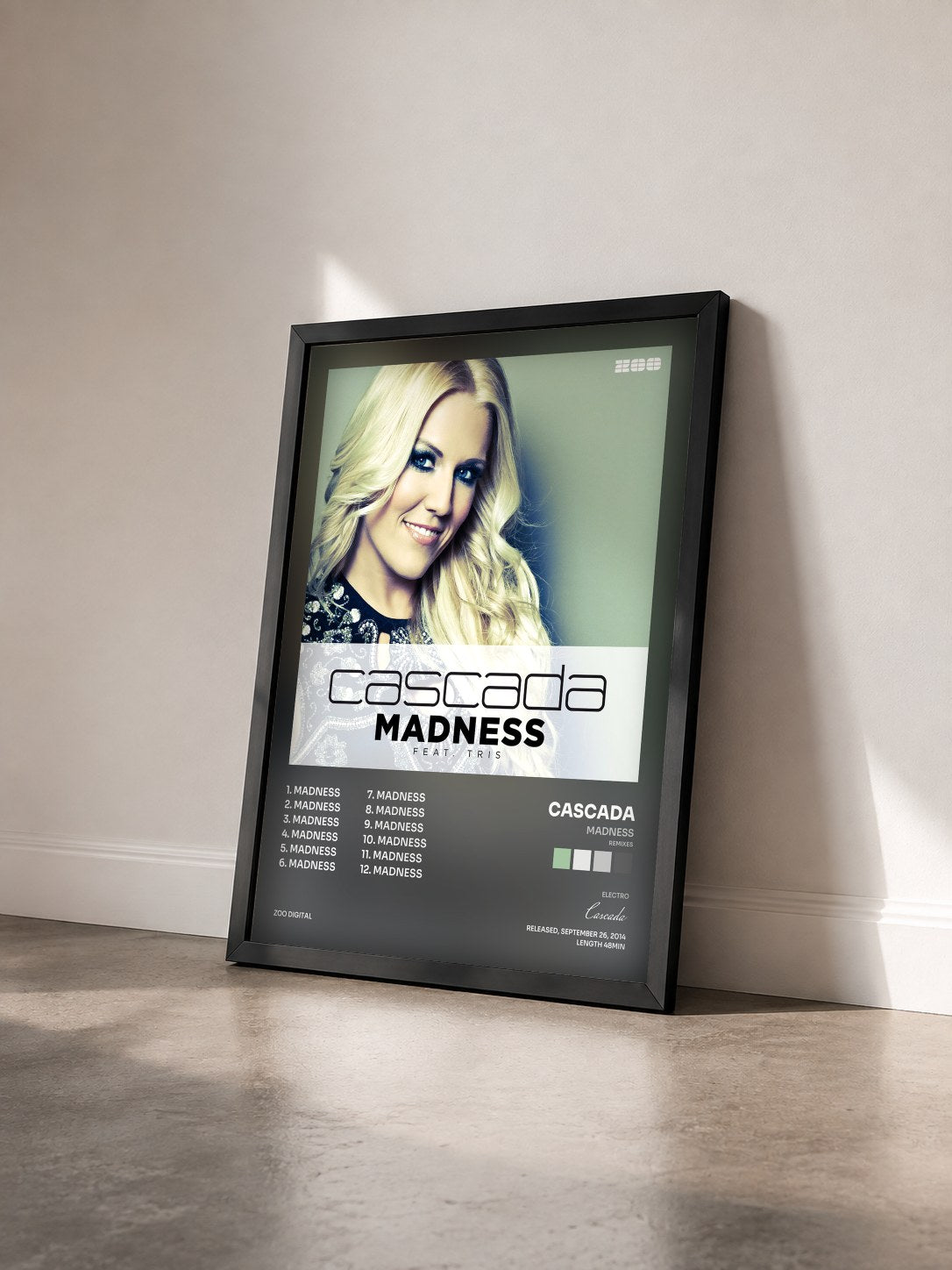 #noir Tableau de l'album Madness (Remixes) de Cascada vu de trois quarts, cadre noir