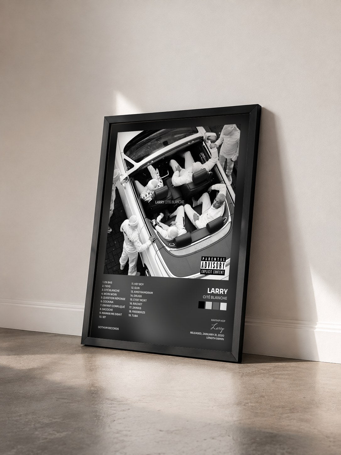 #noir Cité blanche by Larry as a framed art print seen at an angle, black frame