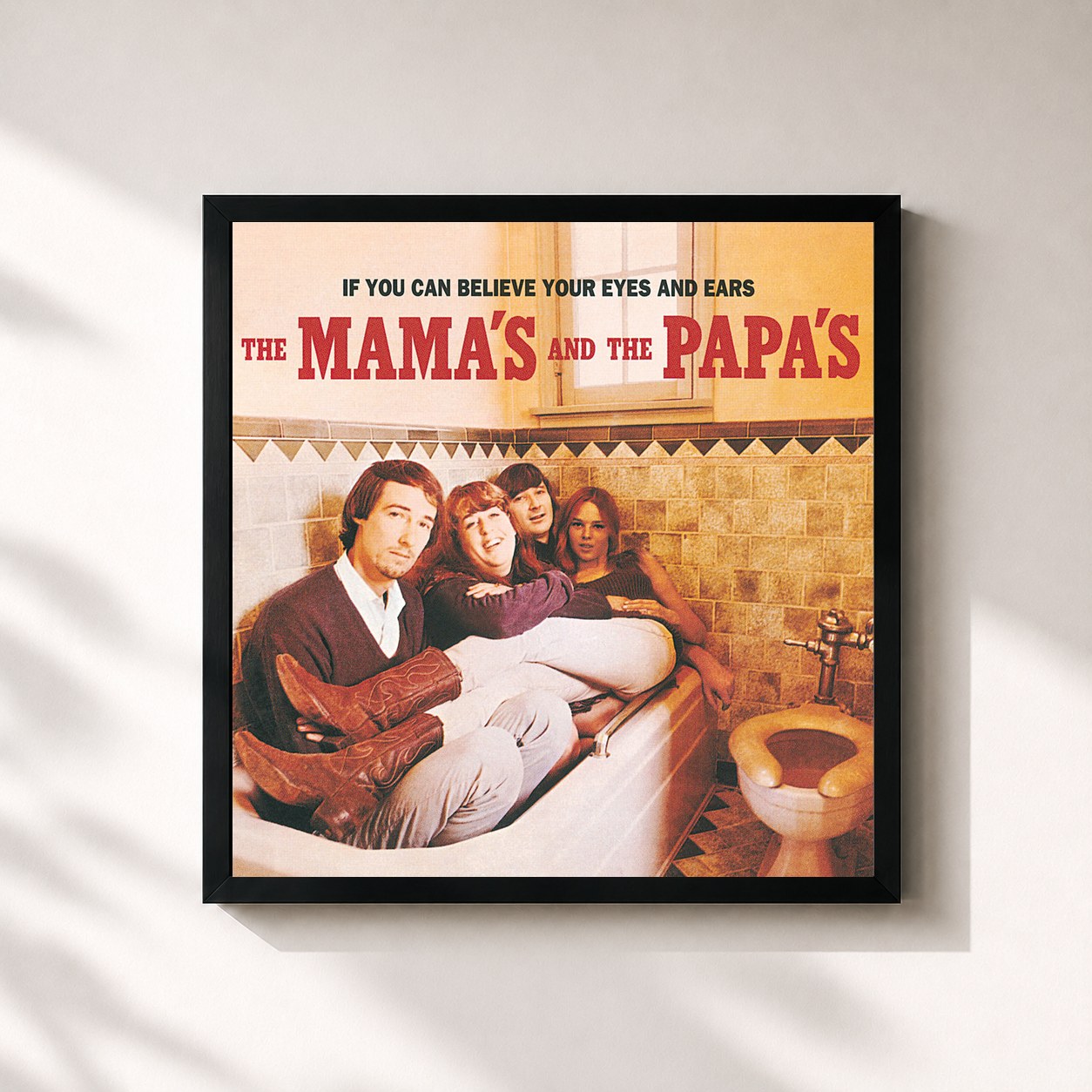 #noir Tableau carré de l'album If You Can Believe Your Eyes & Ears de The Mamas & The Papas, cadre noir 32x32 cm