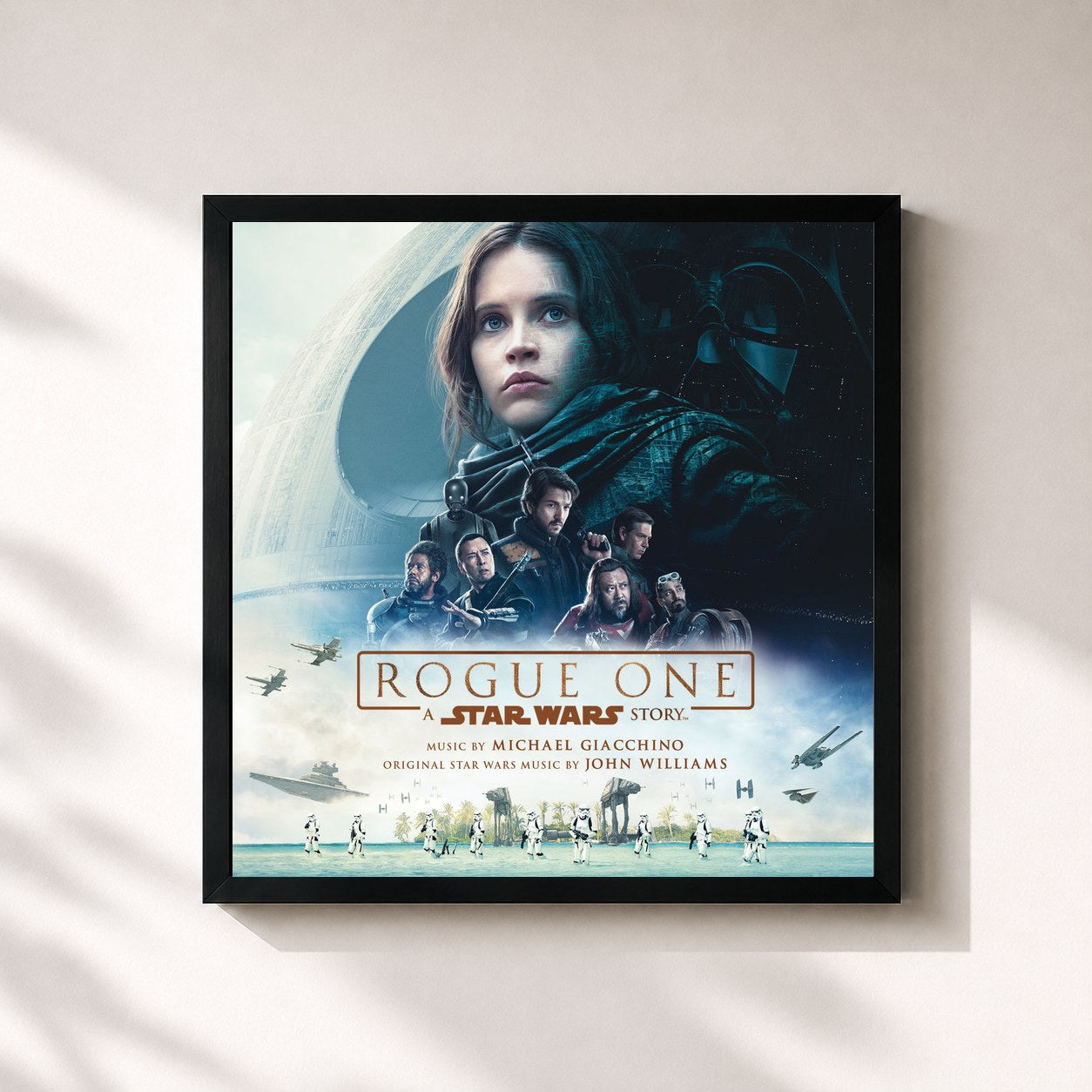 #noir Tableau carré de l'album Rogue One: A Star Wars Story (Original Motion Picture Soundtrack) de Michael Giacchino, cadre noir 32x32 cm