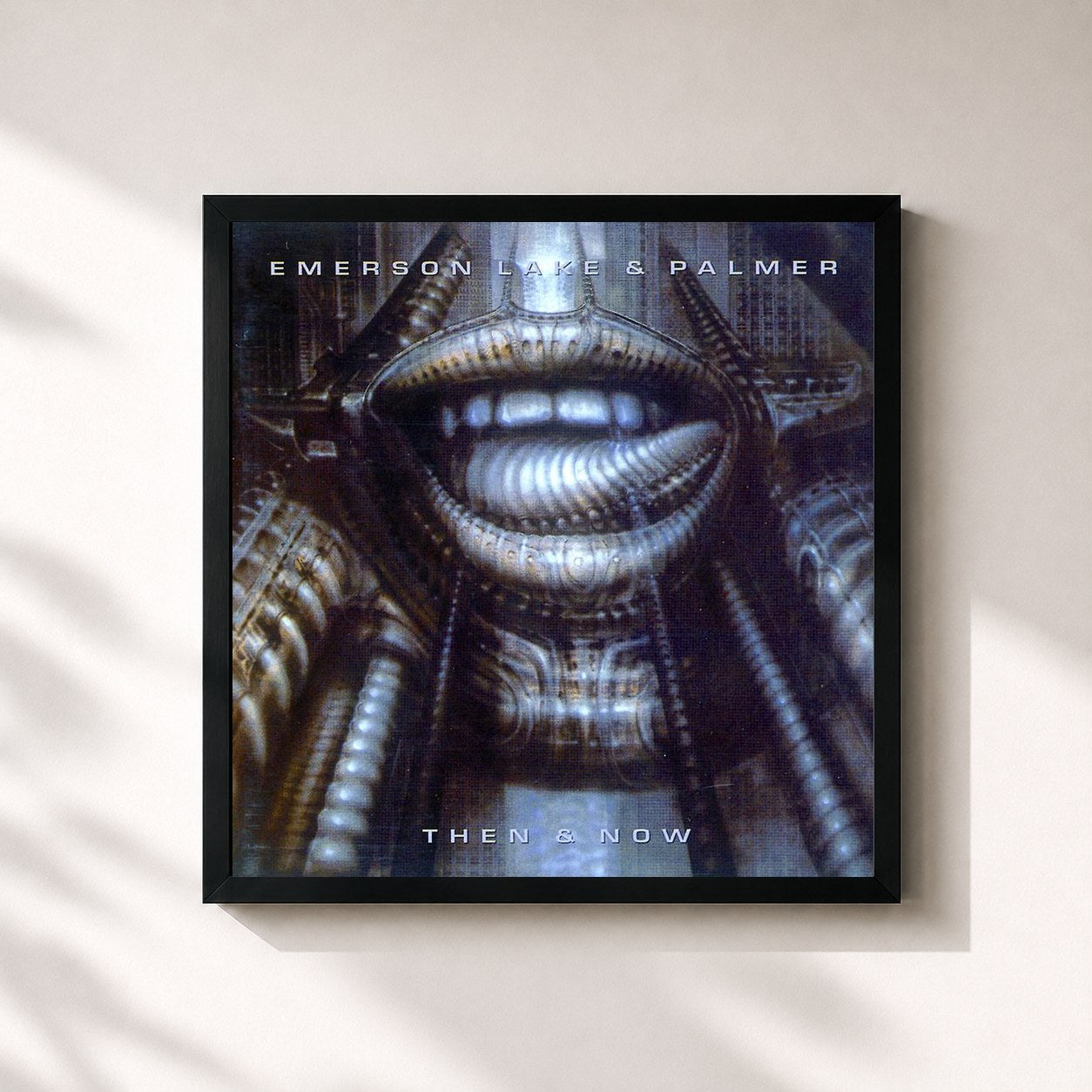 #noir Tableau carré de l'album Then & Now de Emerson, Lake & Palmer, cadre noir 32x32 cm