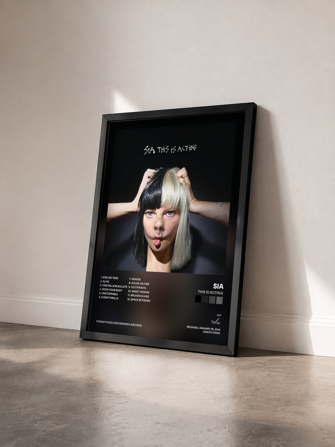 #noir Tableau de l'album This Is Acting de Sia vu de trois quarts, cadre noir