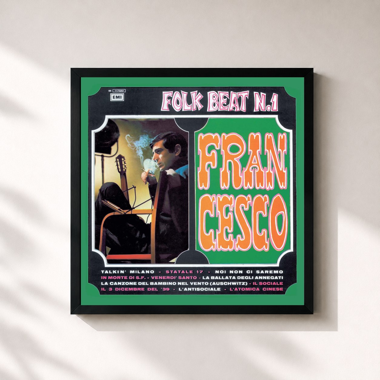 #noir Tableau carré de l'album Folk Beat N.1 de Francesco Guccini, cadre noir 32x32 cm